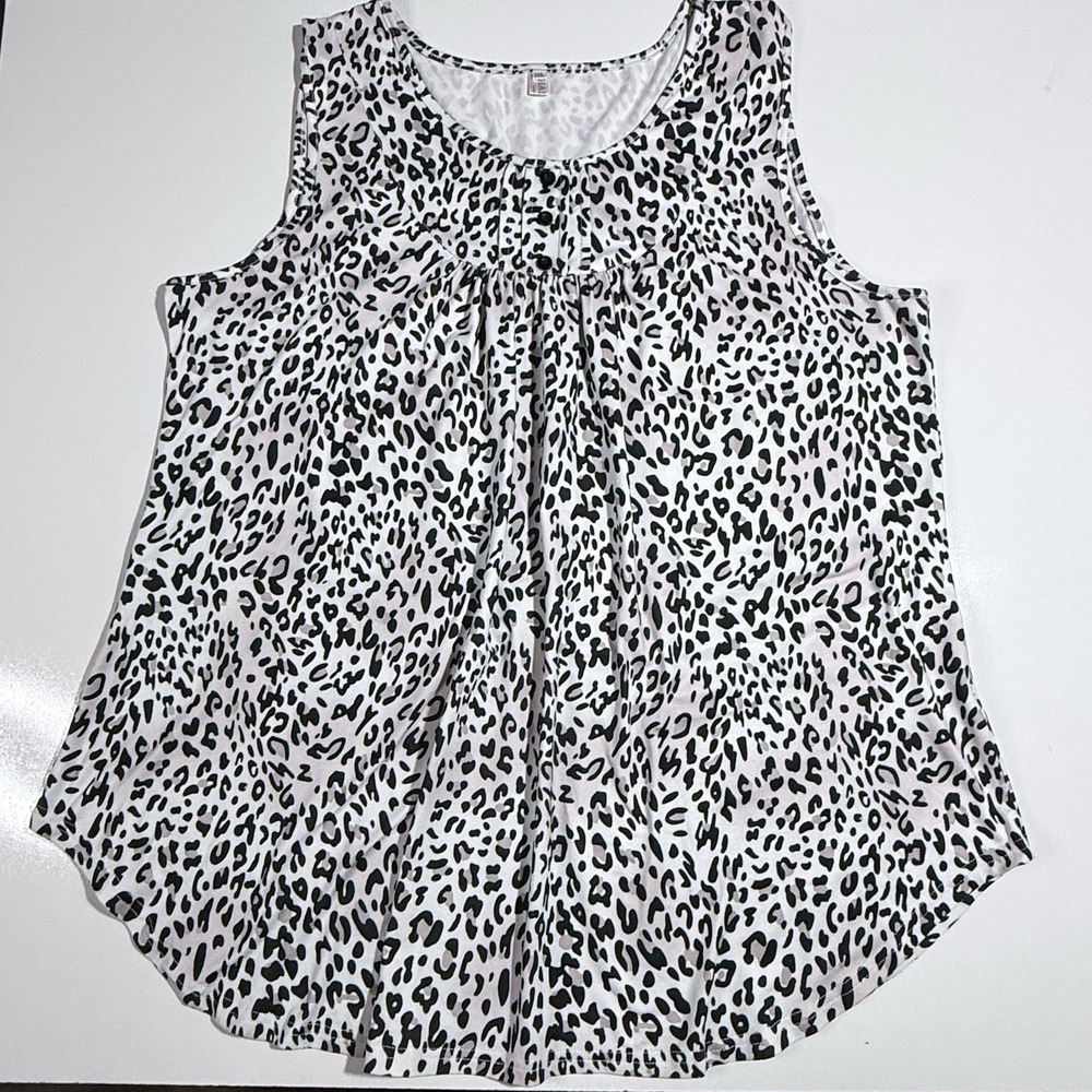 Halife Black White Leopard Animal Print Pleated Front Sleeveless Blouse Tank 2XL